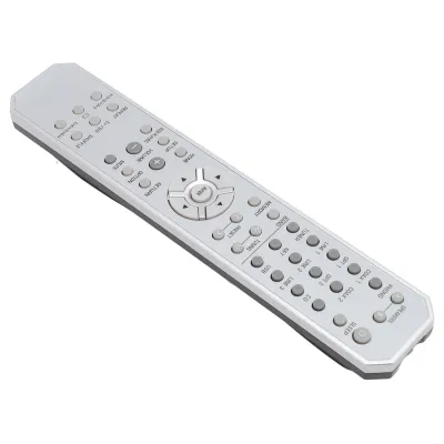 A silver remote control for a sound receiver is shown against a white background.