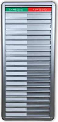 Produktbild von CombiCraft Anwesendheitstafel bzw. Abwesenheitstafel "Anwesend-Abwesend" in einem silberfarbenen Aluminiumschiebeprofil für 20 Personen - 257 x 580 mm