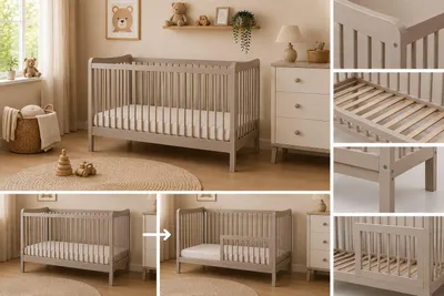 Produktbild von Baby Happy Bliss SASHA Babybett 120x60 cm – Massives Buchenholz – umbaubar zum Juniorbett – Taupe
