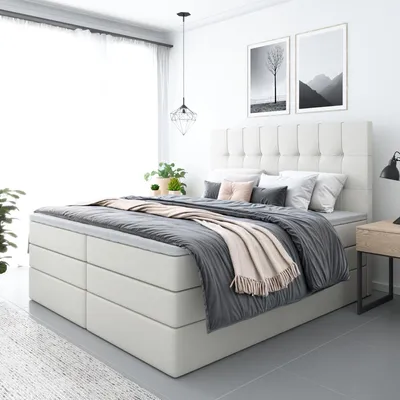 Produktbild von Bett, Boxspringbett FARO PLUS mit 2-Matrazen und Topper Visco, Doppelbett, Schlafzimmer, Polsterbett, 140x200 cm(Kunstleder Weiss - MADRYT 1100)