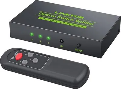 Obrázok produktu pre 3x2 prepínač Toslink s diaľkovým ovládaním – audio zosilňovač pre PCM 2.0, DTS, Dolby 5.1