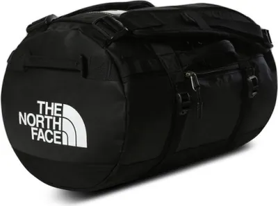 A black duffel bag with "The North Face" logo on the side, shown from a side angle.