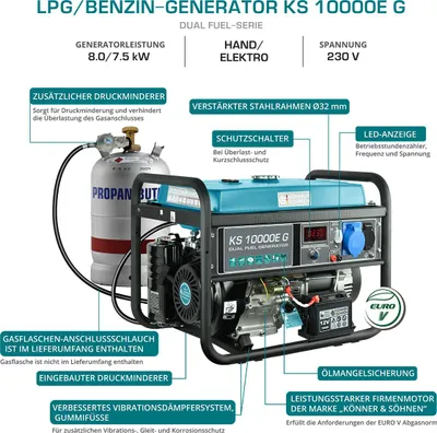 Zdjęcie produktu dla Könner & Söhnen KS 10000E G Hybrydowy generator o mocy 8000 W, DUAL FUEL benzyna / LPG, E-Start, 1x16A (230V), 1x32A (230V), 12V