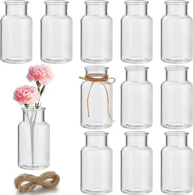 Produktbild von Famanu Kleine Vasen - 12 Stück Glasvasen für Tischdekoration - 10 cm hoch - Mini - Vasen - Glasfläschchen für Zuhause - Hochzeiten - Geburtstage -