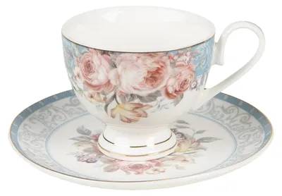 Produktbild von Clayre & Eef Tasse mit Untertasse 200 ml Weiß Blau Porzellan Blumen