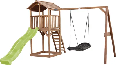 Produktbild von AXI Beach Tower Spielturm aus Holz in Braun | Spielhaus für Kinder mit hellgrüner Rutsche, Nestschaukel und Sandkasten | Stelzenhaus für den Garten
