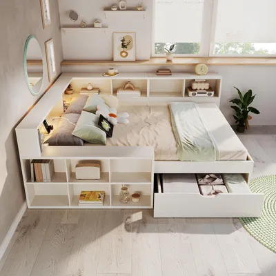 Produktbild von MODFU Jugendbett 140x190 mit Schubladen,Kinderbett Funktionsbett mit USB Typ-C Ladeanschlüssen und Leselicht,Tagesbett Holzbett mit Stauraum,ohne Matratze,Weiß