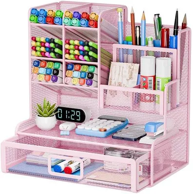 Obrázok produktu pre Uniqoos® Organizér na písací stôl s 12 priehradkami a zásuvkou – Multifunkčný organizér do kancelárie a domáceho pracoviska, ružovej farby, na písacie potreby, kozmetiku a doplnky