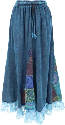 Produktbild von Boho Spitzen Maxirock, Patchwork Rock, Weiter Langer Rock - Blau, Damen, Baumwolle, Röcke