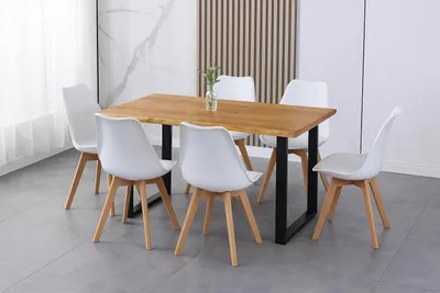 Produktbild von 5 TLG. Essgruppe Josy | Esstisch mit 6 Stühlen | 160x85 cm mit Baumkante | Holz Wildeiche-Optik | 40 mm Platte | U-Gestell Schwarz | 6X Schalenstuhl Weiß + Buche-Gestell
