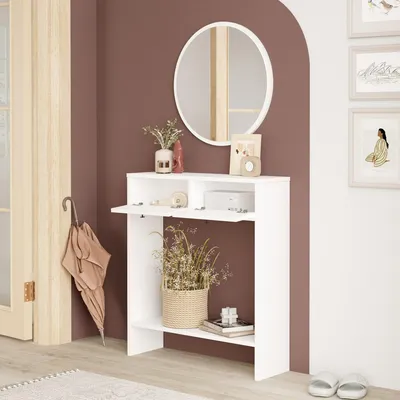 Image de Chiarano - Meuble d'entrée, 80x24x90h cm Blanc, Miroir Inclus