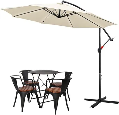 Zdjęcie produktu dla Parasol 300/350 cm, parasol wiszący, duży parasol z korbą i podstawą, ochrona przed promieniowaniem UV, wodoodporny, parasol ogrodowy, parasol targowy, idealny na balkon, ogród, taras, kolor beżowy