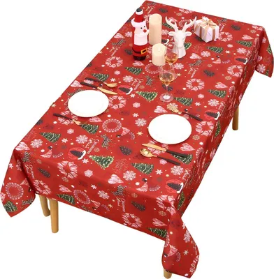 Produktbild von Weihnachtstischdecke 132x228 cm – Wasserdicht & abwischbar – Ölabweisend – Rote Tischdecke mit Weihnachtssternmuster