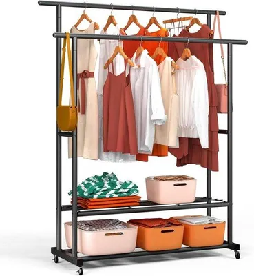 Productafbeelding van Kledingrek Op Wielen - Garderoberek Dubbel - Kleding Opbergen - Dubbele Stangen Met Wielen - 120x40x146cm - Zwart