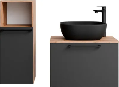 Produktbild von Waschtischunterschrank Astra 60 cm gold eiche / anthrazit mit Aufsatzwaschbecken schwarz und 1x Midischrank gold eiche / anthrazit