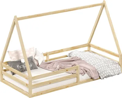 Produktbild von Hausbett SILA aus massiver Kiefer, schönes Montessori Bett in 90 x 190 cm, stabiles Kinderbett mit Rausfallschutz und Dach in naturfarben
