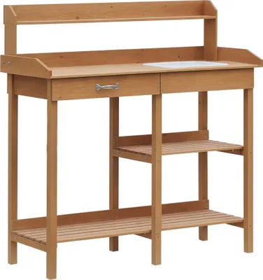 Produktbild von Pflanztisch/Gärtnertisch – Blumentisch aus Tannenholz mit Wanne, Maße: 117 × 45 × 121 cm.