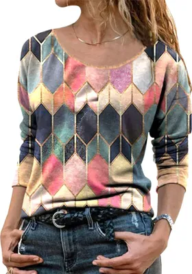 Immagine prodotto di Maglietta da donna con motivo geometrico Top con scollo a O e stampa casual a manica lunga, rosso, 3XL