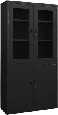 Produktbild von Büroschrank Schwarz 90x40x180 cm Aktenschrank aus Stahl mit 4 Glastüren und Schloss, Abschließbarer Metallschrank Ordnerschrank für Büro und Homeoffice