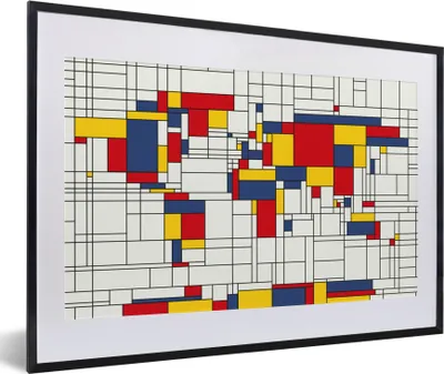 Produktbild von MuchoWow® Gerahmtes Poster Weltkarte - Mondrian - Farben - Kinder - Junge - Mädchen - Kinder 60x40 cm - Poster mit Schwarzem Bilderrahmen Wandposter Rahmen Foto Bilder - Schlafzimmer - Plakat in Rahmen - Drucken