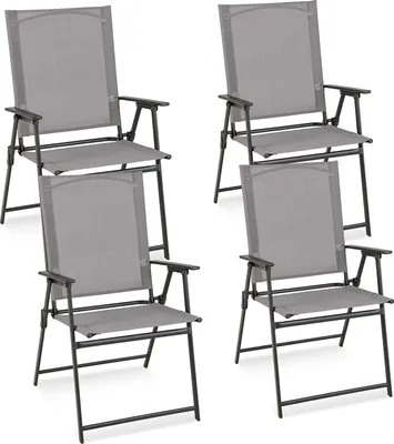 Four gray folding chairs arranged in a two-by-two grid on a white background.