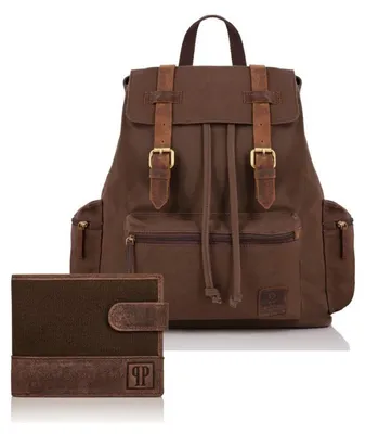 Image de Paolo Peruzzi Ensemble Cadeau Homme Sac à Dos et Portefeuille Cuir Marron