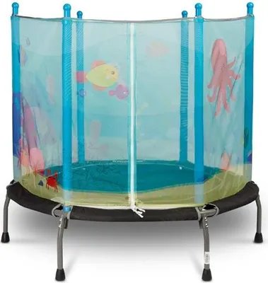 A children's outdoor trampoline with a blue safety net featuring ocean-themed graphics.