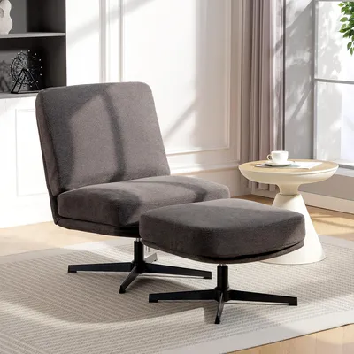 Zdjęcie produktu dla Obrótowe krzesło z podnóżkiem, imitujące len, możliwość obrotu o 360°, metalowa podstawa, wymiary: 91x68x93 cm, kolor: ciemnoszary
