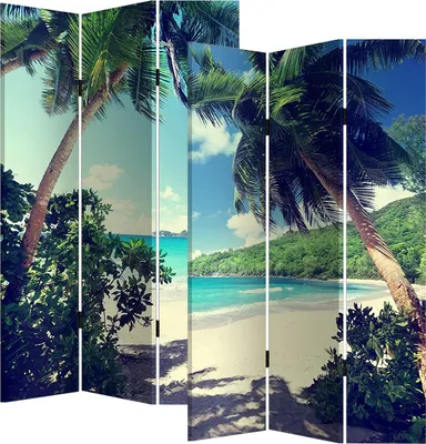 A room divider with a tropical beach scene featuring palm trees and the ocean.