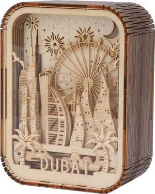 Image de veilleuse LED 3D en bois sculpté Lampe de table innovante en bois sculpté Série City Chambre à coucher Lampe décorative d'ambiance pour le bureau Dubaï