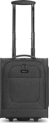 A studio shot of a dark gray underseat suitcase with its telescopic handle extended.