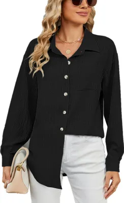 Produktbild von ASKSA Hemdbluse Damen Langarm Blusenshirt Elegant Loose Casual Oversize Laessige Hemden Einfarbig Musselin Bluse Tops mit Tasche (Schwarz,L)