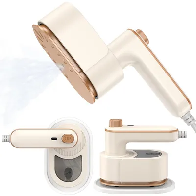 A collage of a portable steam iron in different orientations, showing its features and design.