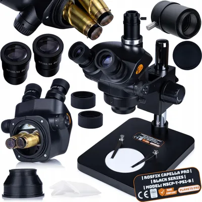 Immagine prodotto di Rosfix Capella Pro MSCP-T-PS1-B – Stereomicroscopio Trinoculare 7 – 45x, Ottica Greenough, Zoom 0,7 – 5x, Attacco C, LED, Distanza di Lavoro 100 mm
