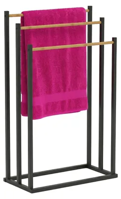 Obrázok produktu pre Stojan na uteráky Relaxdays, rozmery: 76 x 45 x 21,5 cm, kov, 3 bambusové tyče, stojan na uteráky, čierna/prírodná farba