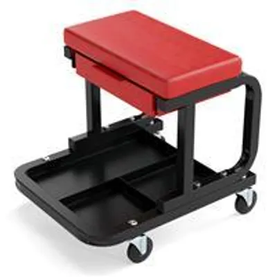 Produktbild von GOPLUS rollbarer Werkstatthocker, Werkstattstuhl bis zu 185 kg, mit 360° Rollen & ausziehbarer Schublade etc., Arbeitshocker für die Garage (Rot)