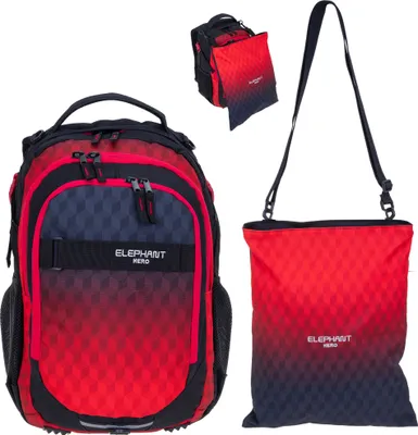 Produktbild von Rucksack 2 Teile Set Elephant Hero Signature Mappe Schulranzen Schulrucksack mit Turnbeutel Attach Bag Jungen Mädchen 12868 Red Cube (Rot Schwarz) rt