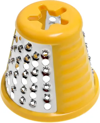 A close-up studio shot of a yellow and silver grater attachment for a food processor.
