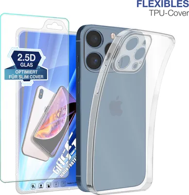Produktbild von Slim Cover für Apple iPhone 15 Pro mit 9H Displayglas Displayschutz Hülle Transparent Flexibel Elastisch Backcover Schutzhülle Handyhülle