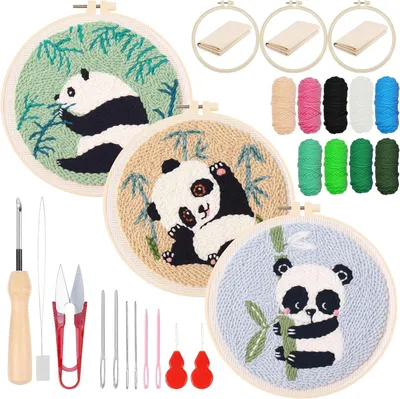 Obrázok produktu pre Punch Needle Štartovacia súprava, motív Panda, 3 nastaviteľné kruhy, predtlačené látky, pre začiatočníkov