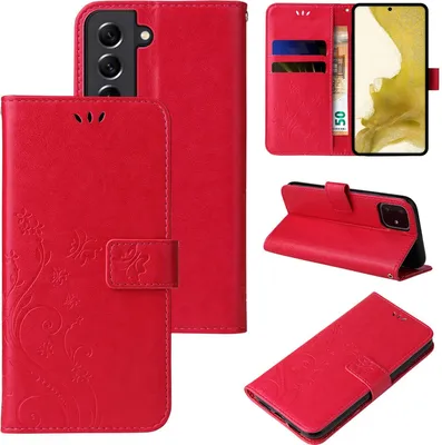 A collage of images showing a red flip phone case with floral and butterfly designs, including a view of the case open with a phone inside, and a view of the case folded to stand.