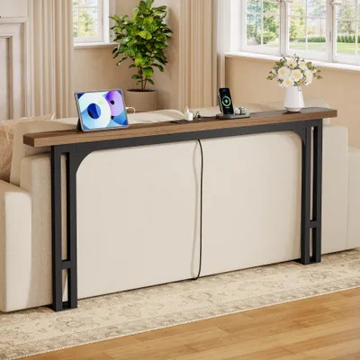 Zdjęcie produktu dla Wąski stolik konsolowy (180 cm) z gniazdkiem, w stylu rustykalnym. Wąski stolik kawowy z ładowarką – długi stolik do umieszczenia za sofą