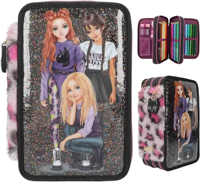 Produktbild von Depesche TOPModel Rebel Kitty - Gefüllte 3-Fach Federtasche in Schwarz, mit Model Motiv, Glitzer und Leo-Fell, Federmappe mit Buntstiften, Lineal, Schere uvm.