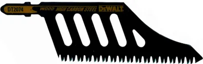 A black jigsaw blade with gold lettering and cutouts on a white background.