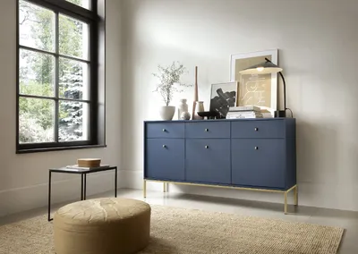 Produktbild von Kommode MONO MKSZ154 Sideboard mit 3 Türen mit 3 Schubladen Highboard Schrank Wohnzimmer Dunkelblau mit Goldene Rahmen