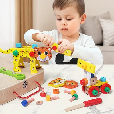 Produktbild von Holz Lernspielzeug für Kinder Werkzeugkasten, Konstruktionsspielzeug für 3 4 5 6 7 Jahre alte Jungen Mädchen, bestes Geburtstagsgeschenk für Kinder