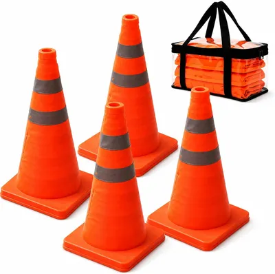 Produktbild von 4 Stück faltbare Warnkegel 45 cm, reflektierende Verkehrshütchen für Stadtstraßen, Parkplätze, Baustellen und Schulen in Orange