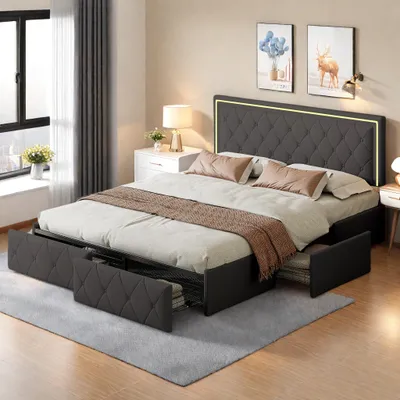 Produktbild von Fortuna Lai Polsterbett 140x200 cm mit LED, 4 Metall-Schubladen, PolyurethanBezug, Lattenrost, für Jugendliche & Erwachsene, Grau