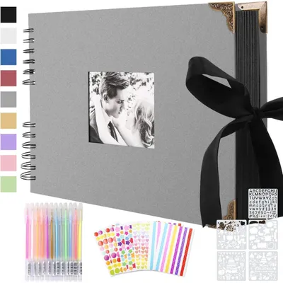 Produktbild von Fotoalbum zum Selbstgestalten, Scrapbook 80 Schwarze Seiten, DIY Geschenk Set Grau 30 x 21 cm