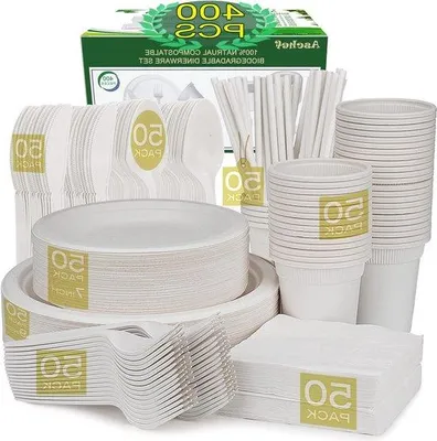 Image de Articles jetables biodégradables pour les fêtes et le camping - 400 pièces : assiettes, cuillères, fourchettes, couteaux, tasses à café et serviettes en carton et en papier